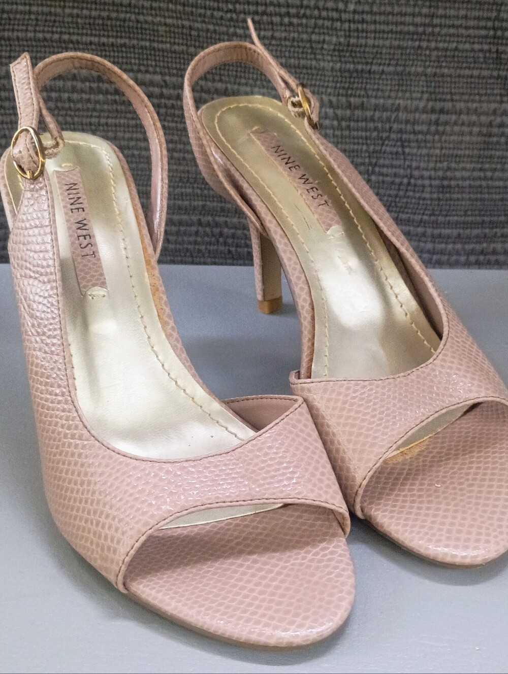 Nine West Blush Pink Snakeskin Embossed Peep-Toe Slingback Heels Size 8